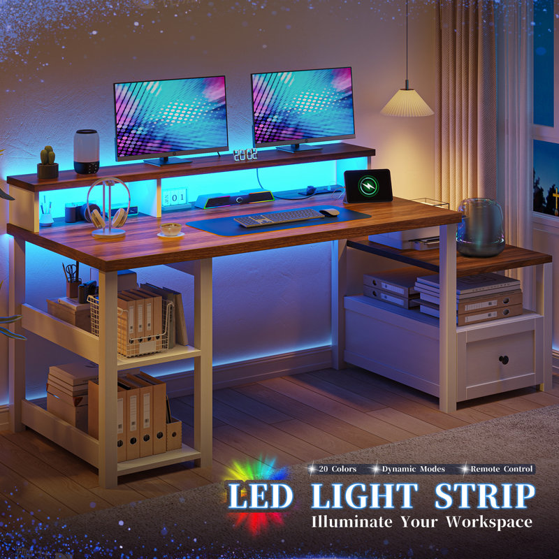 Millwood Pines Modern Farmhouse Computer Desk with LED Lights and